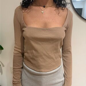 Zara Tan Long Sleeve Ribbed Top